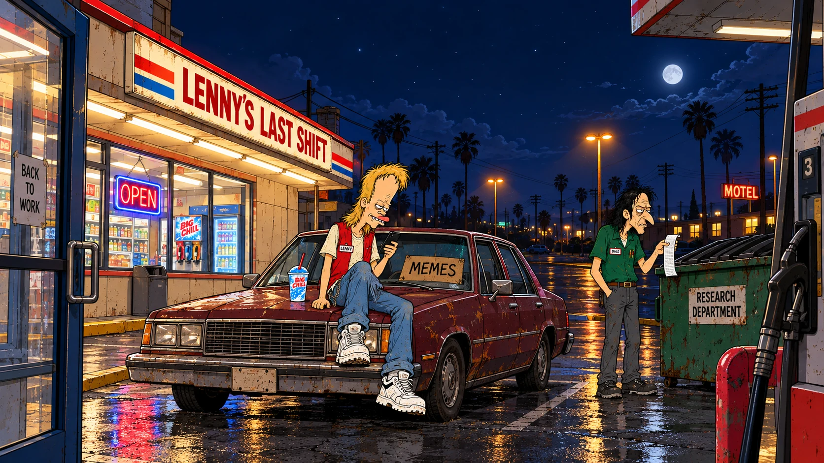 Lenny sits on his burgundy car outside the store, while Dale examines a receipt beside a dumpster.