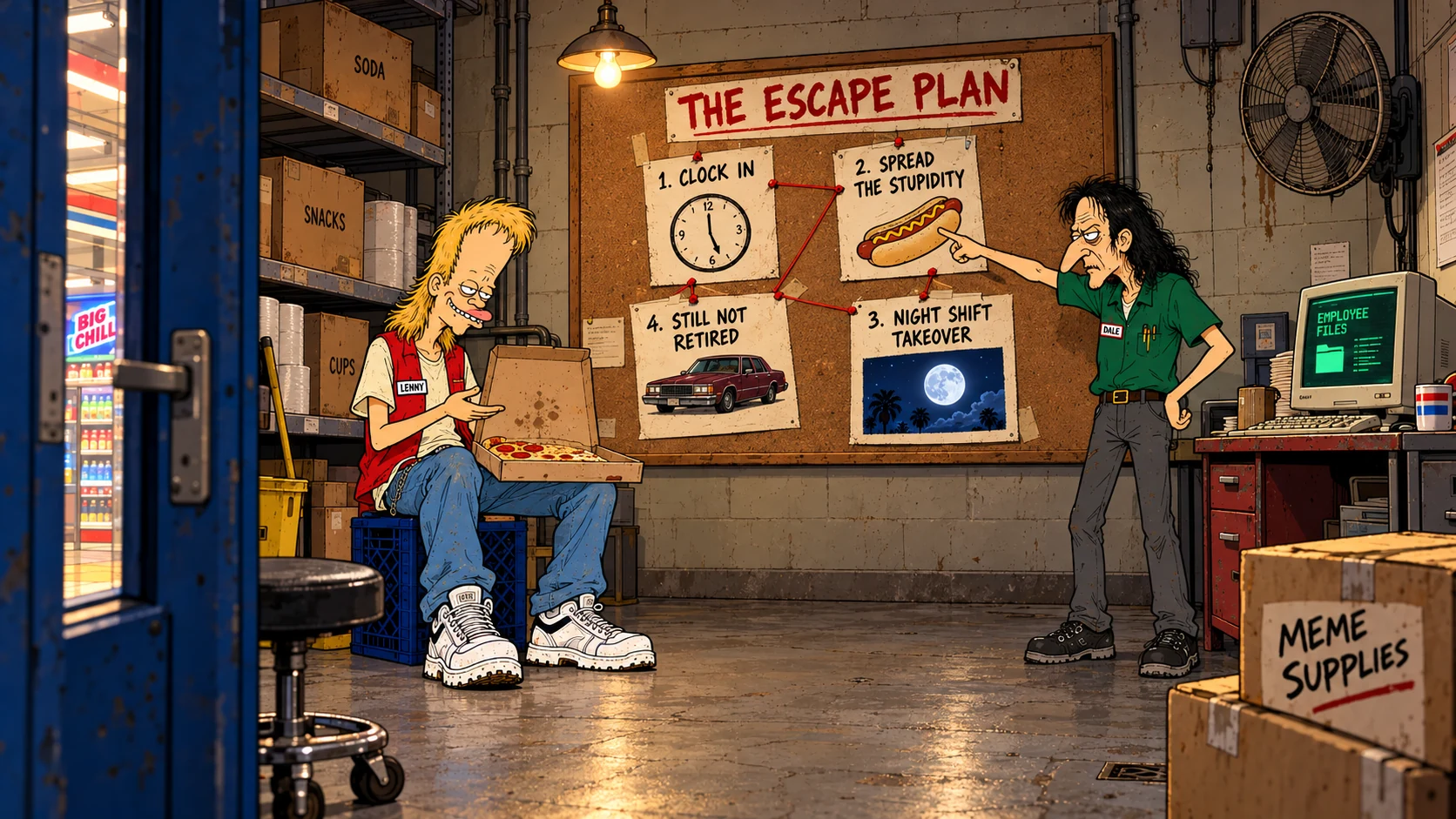 The stockroom, featuring an escape-plan board, Lenny’s pizza and Dale’s employee computer.